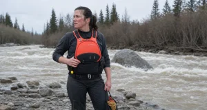Best Rescue PFDs Type V and Who Should Skip Them Safety boater in an Astral GreenJacket rescue PFD, a Type V rescue vest, on a cold spring river