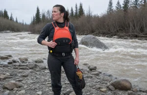 Best Rescue PFDs Type V and Who Should Skip Them Safety boater in an Astral GreenJacket rescue PFD, a Type V rescue vest, on a cold spring river