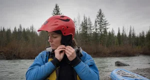 How to Choose a Whitewater Helmet That Won’t Ride Up Rafter adjusting the chinstrap of a full-cut whitewater helmet at a river put-in