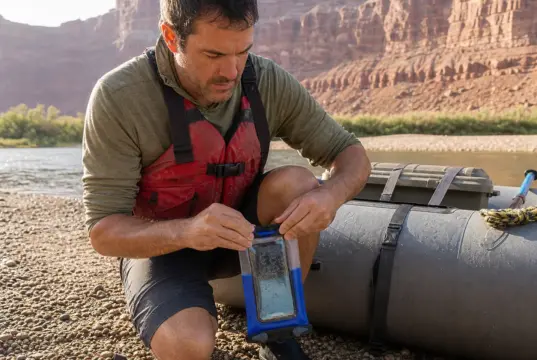 Rafting Electronics Explained by What Survives a Flip Rafter sealing a waterproof phone case on a raft tube before pushing off at the put-in