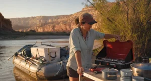 Best River Camping and Kitchen Gear Your Permit Requires River camp kitchen coming together on a Green River sandbar in Desolation Canyon at dusk