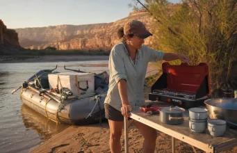 Best River Camping and Kitchen Gear Your Permit Requires River camp kitchen coming together on a Green River sandbar in Desolation Canyon at dusk