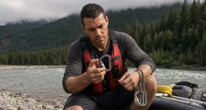 Best River Rescue Carabiners and Pulleys Guides Trust Boater checking river rescue carabiners and pulleys clipped to a raft frame on a gray cobble bar