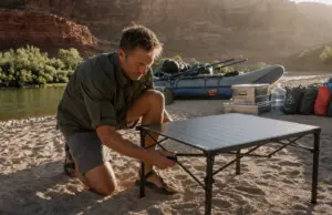 10 Roll-Up Tables and Camp Kitchens Compared You Need Two Rafter setting up a roll-up camp kitchen table on a sandbar beside a rigged oar boat at a river camp
