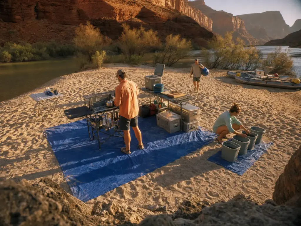 L-shaped river camp kitchen on a Grand Canyon sandbar with cook station, tarp and bucket wash line