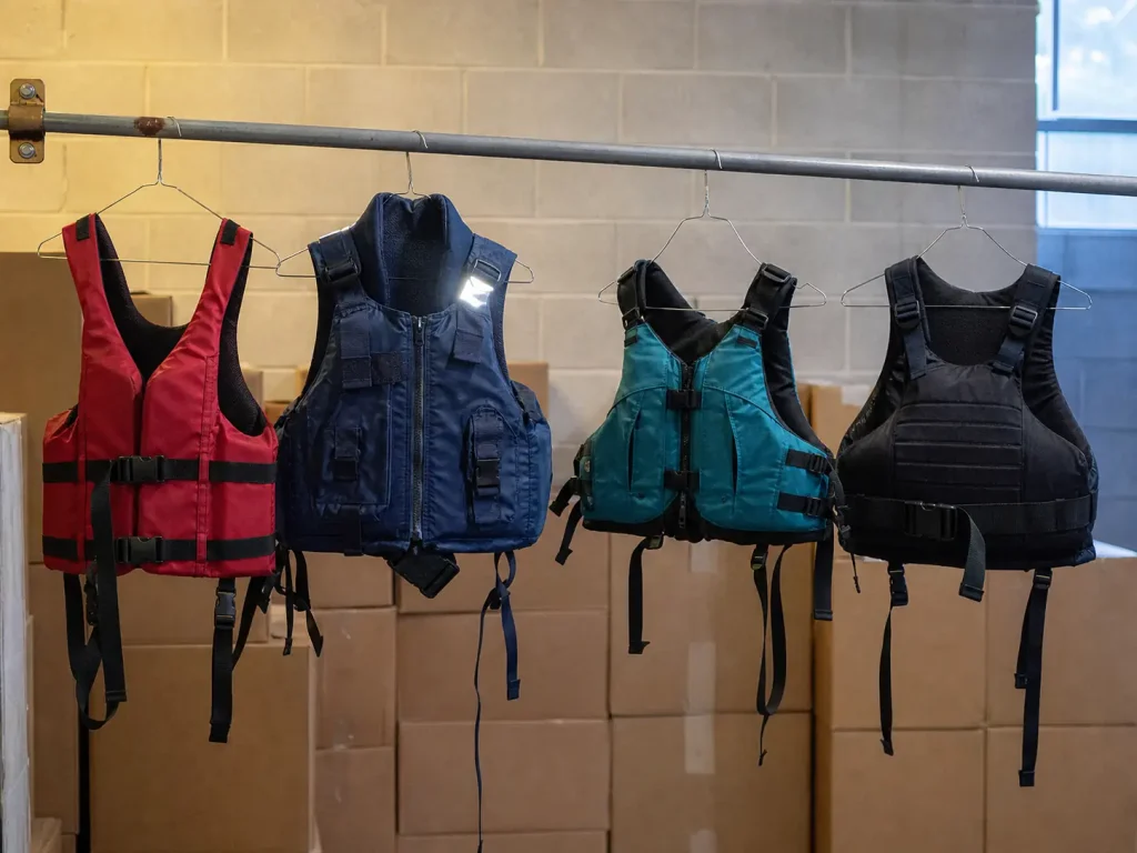Four different whitewater life jackets hung side by side showing different cuts and sizing systems