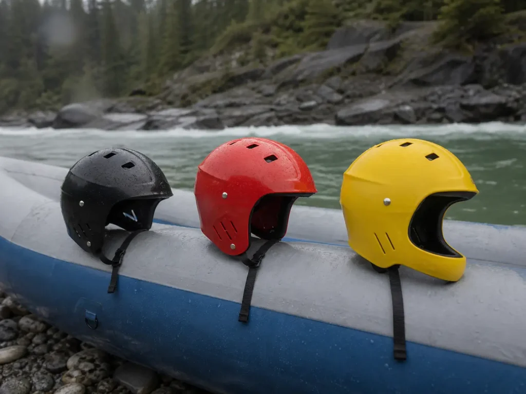 Three whitewater helmets with different coverage types lined up on a raft tube