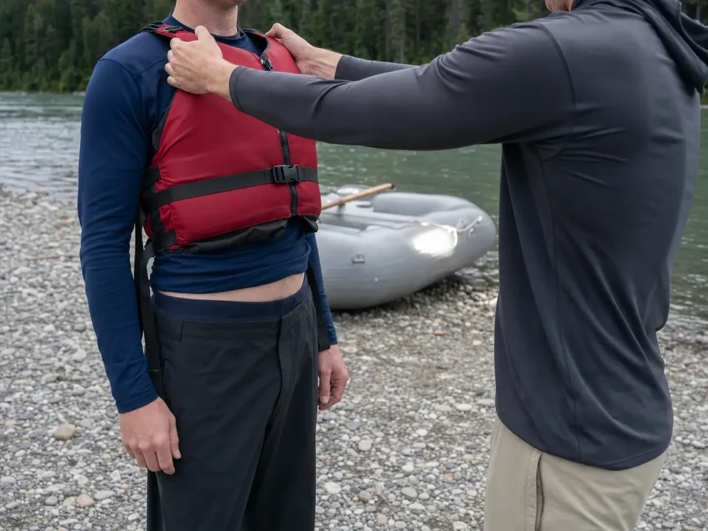 A partner lifting a life jacket by the shoulder straps to check for ride-up before launching