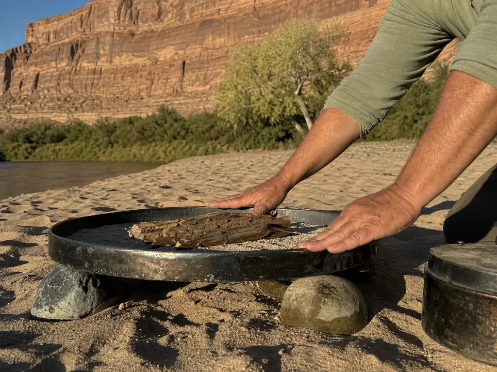 Metal fire pan lined with soil and elevated on stones at a river camp on the Green River
