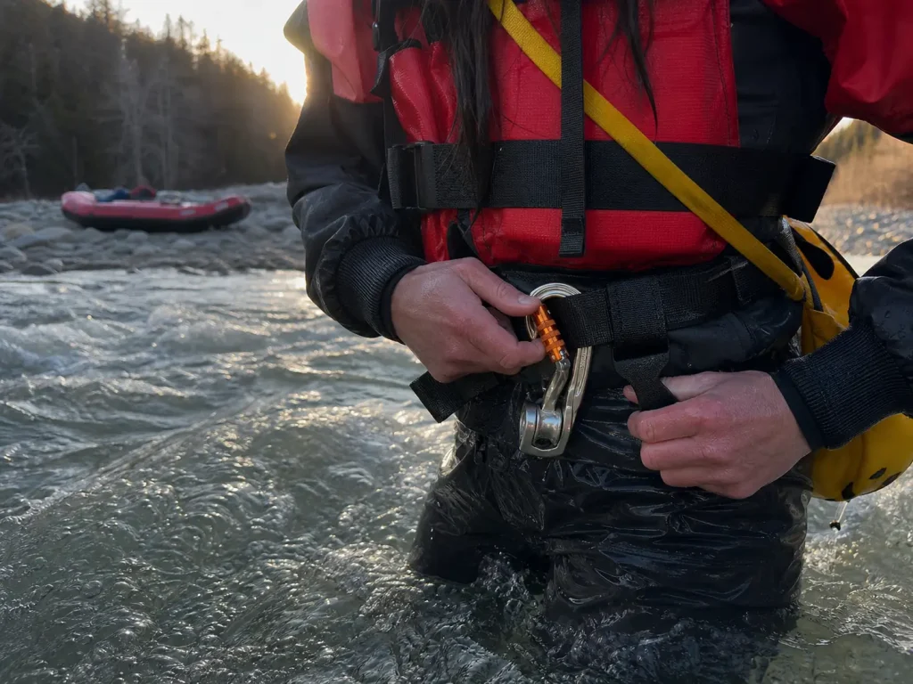 Cold wet hands working a locking carabiner pulley clipped to a rescue PFD belt in the river
