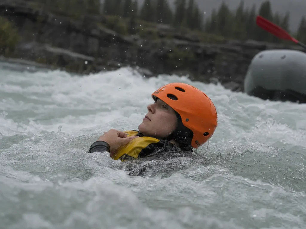 Bright orange helmet visible above the whitewash as a rafter surfaces in a wave train