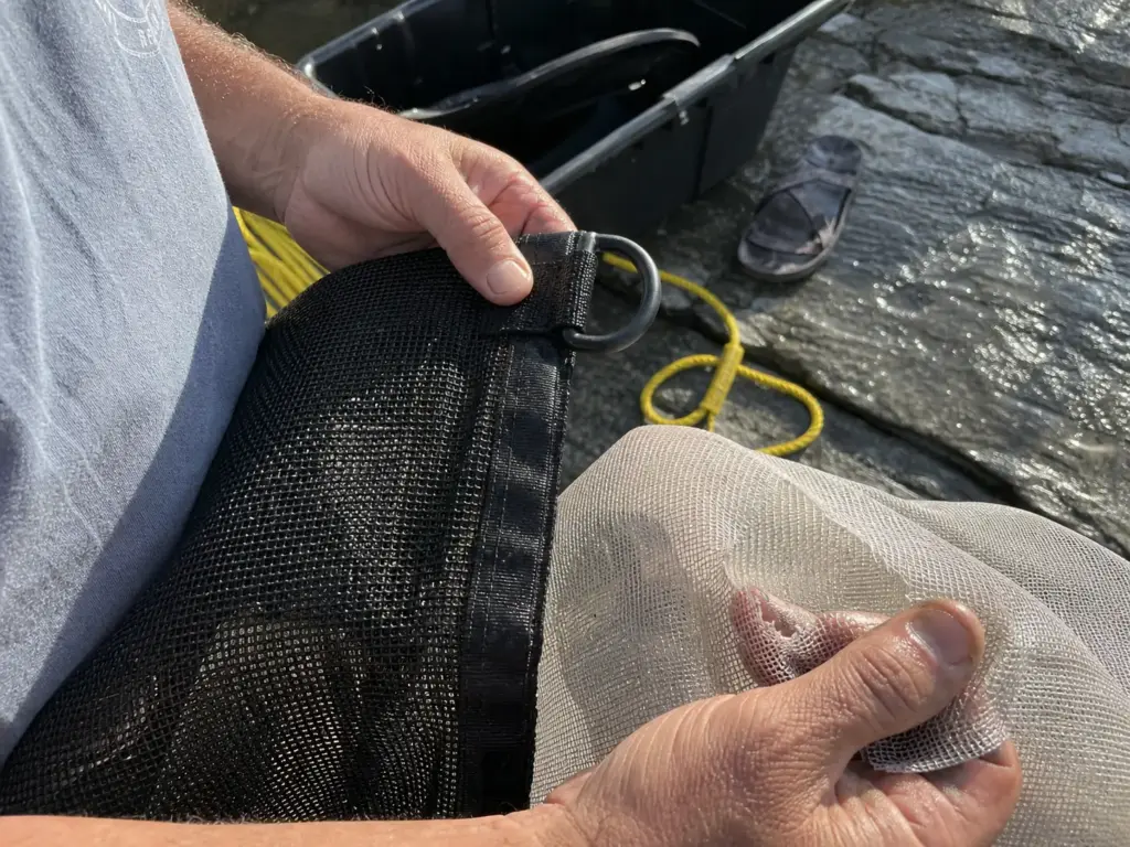 Close inspection of drag bag mesh seams and D-ring, comparing heavy vinyl-clad weave to thin cheap mesh