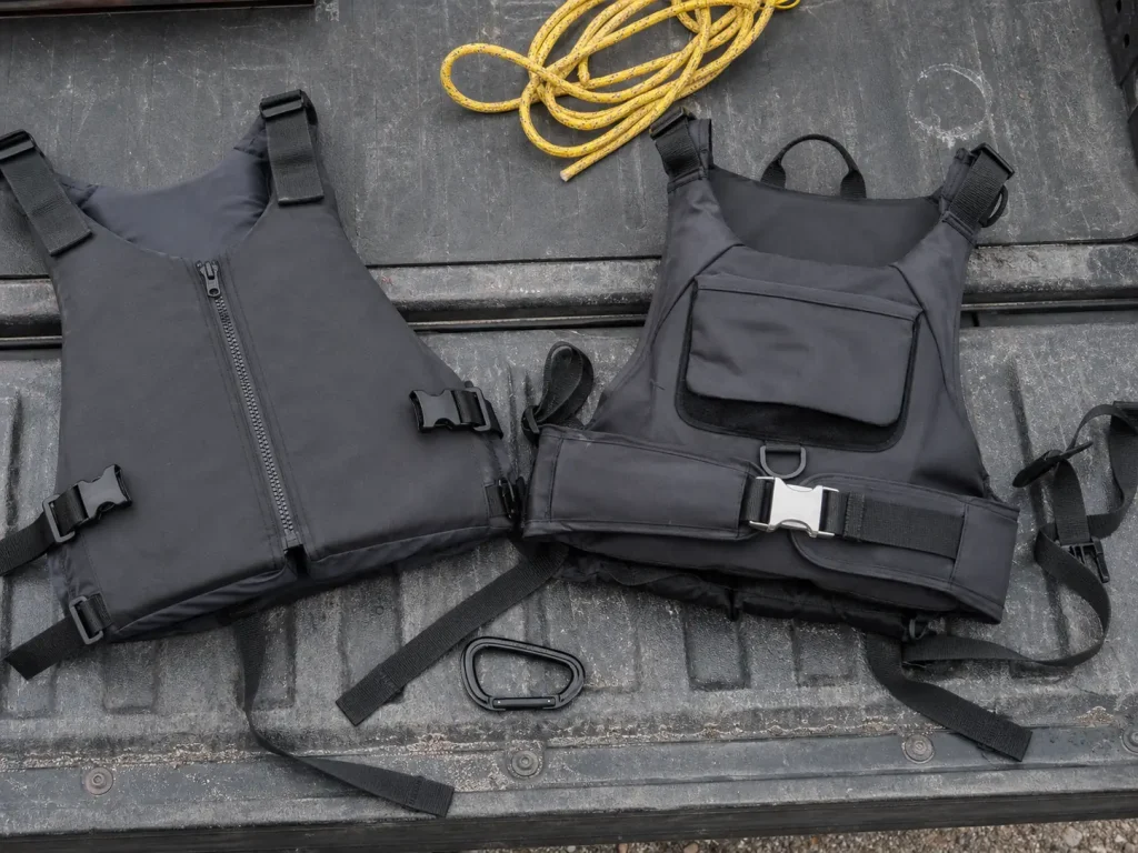 Two whitewater life jackets side by side, one basic paddling vest and one with a rescue harness belt