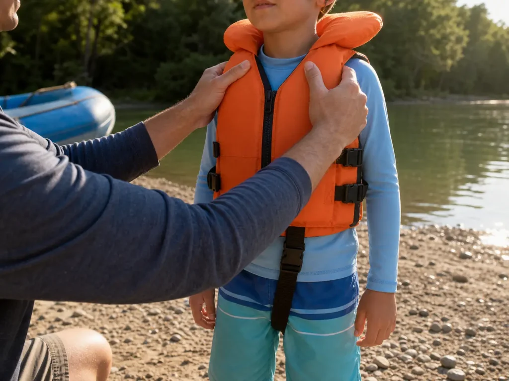 A child wearing a properly fitted youth life jacket while an adult checks the shoulder straps