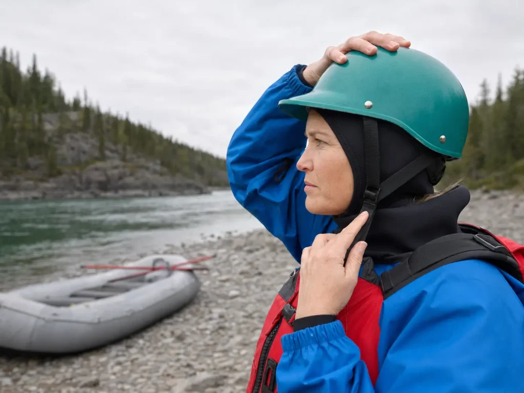 Rafter checking helmet fit over a neoprene hood at the put-in
