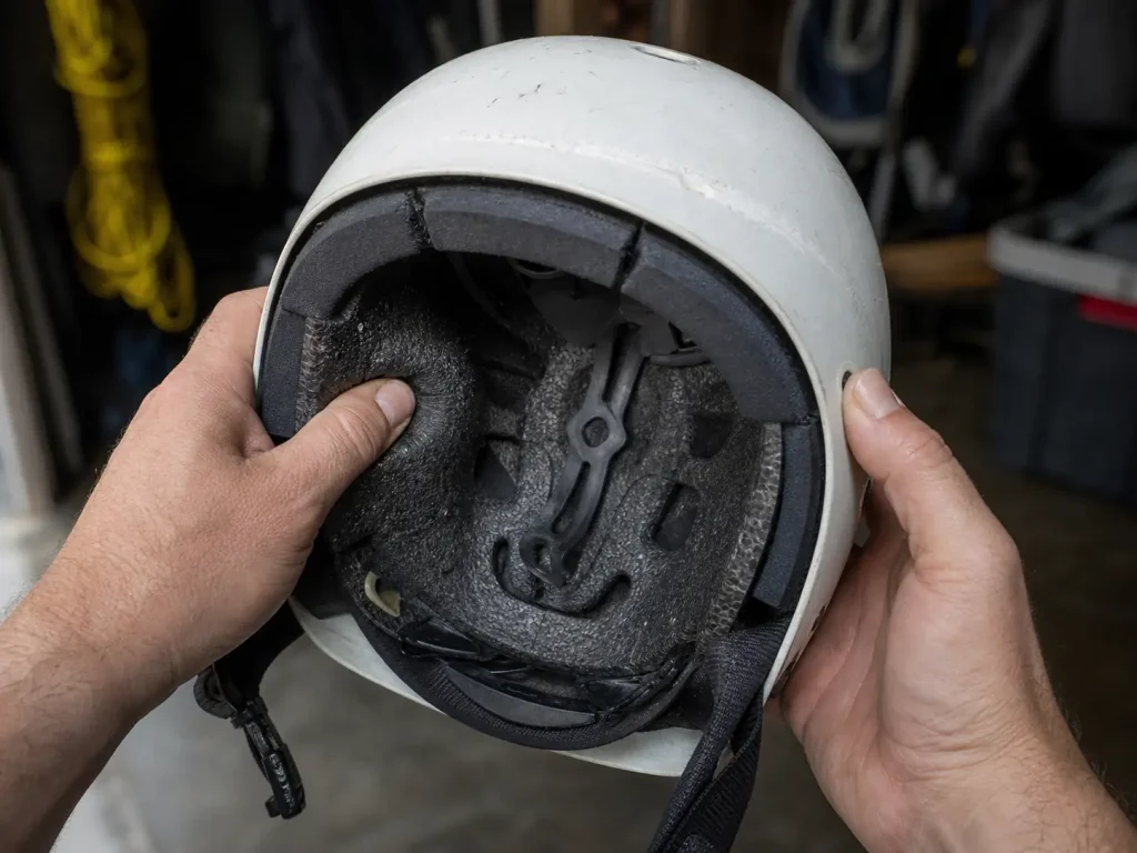 Hands pressing the foam liner of a whitewater helmet to check for a crushed impact point