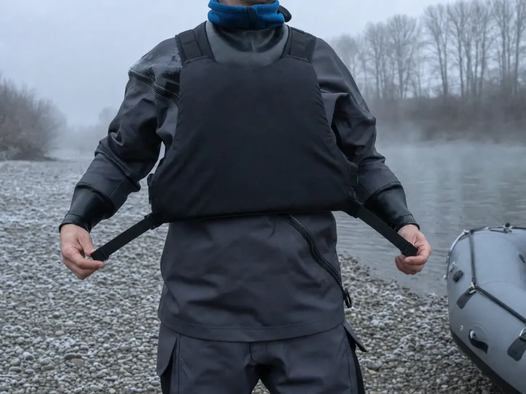 A rafter re-checking life jacket fit over a drysuit and fleece layers on a cold spring morning