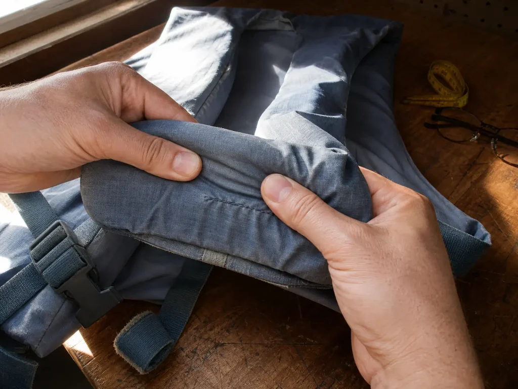 Hands squeezing the foam panel of a secondhand life jacket to test whether it still rebounds