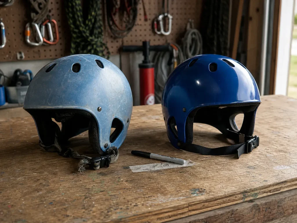 An old sun-faded whitewater helmet beside a newer replacement on a garage bench