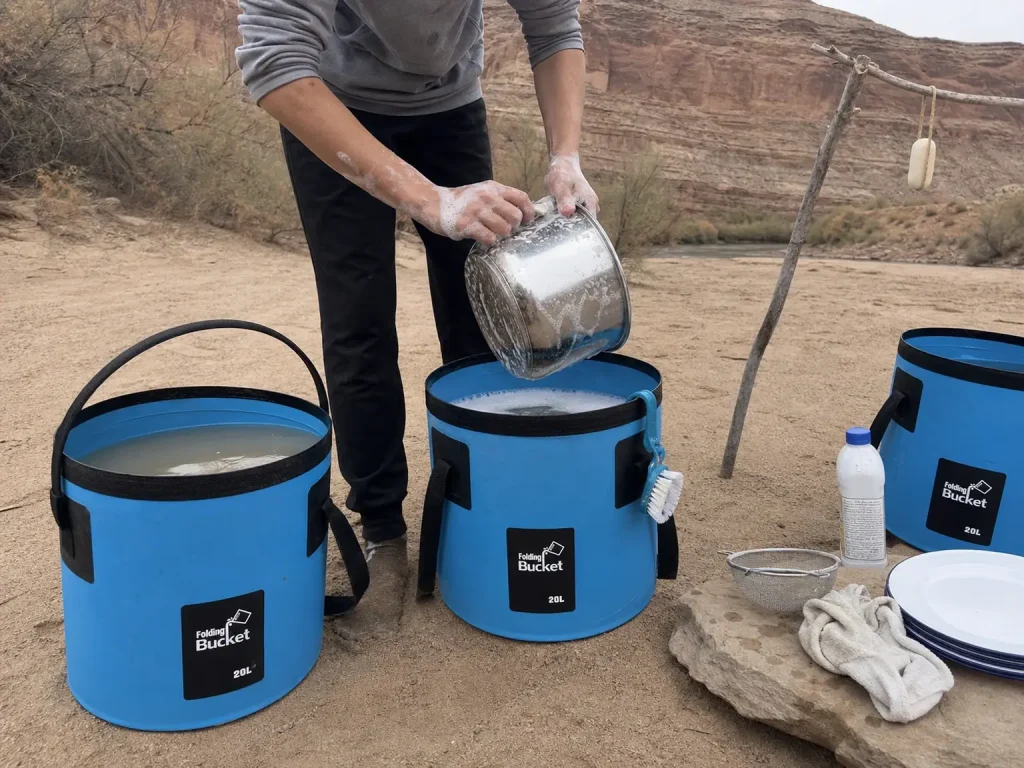 Three-bucket dishwashing line set up back from the water at a river camp