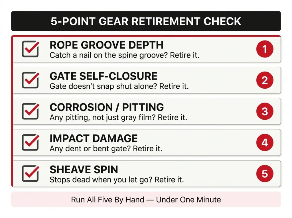 Checklist infographic with five pass/fail hand tests for retiring carabiners and pulleys: groove, gate, corrosion, damage, spin