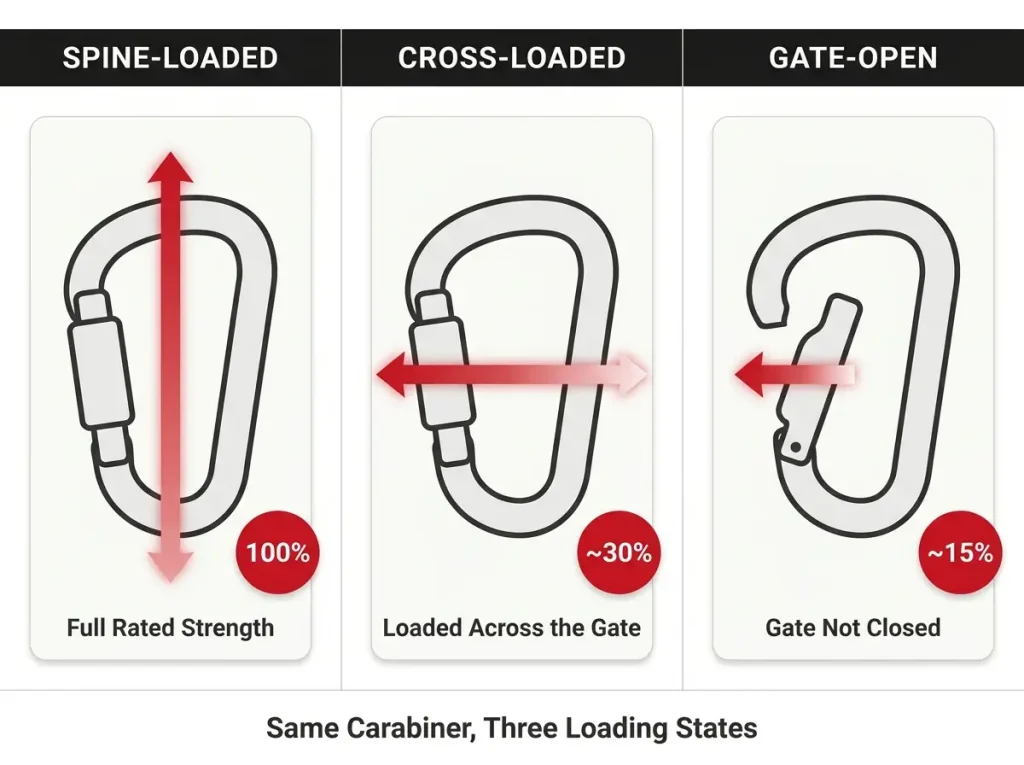 Diagram showing a carabiner spine-loaded, cross-loaded, and gate-open with labeled strength percentages and pull-direction arrows