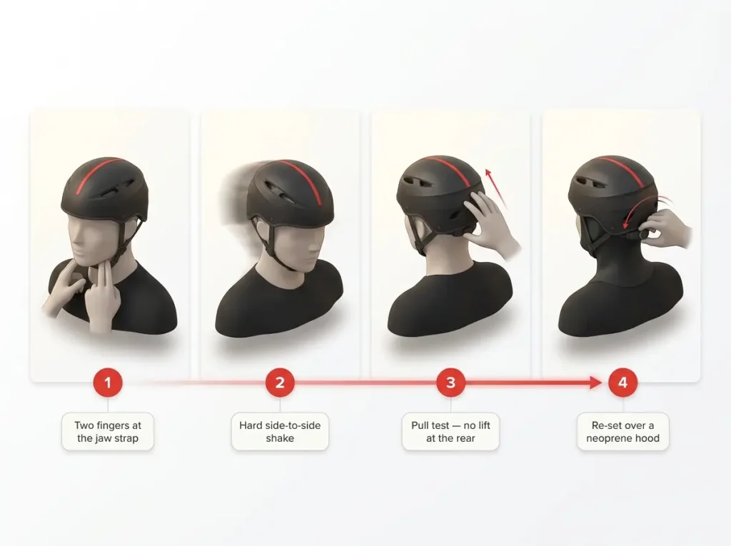 Four-frame sequence showing the whitewater helmet fit check: strap check, shake test, lift test, and hood re-fit