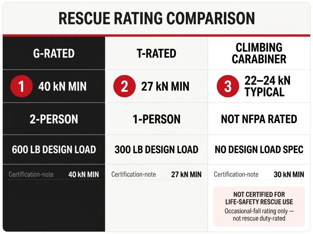 Comparison chart showing G-rated vs T-rated vs climbing carabiner kN ratings, person capacity, and design load