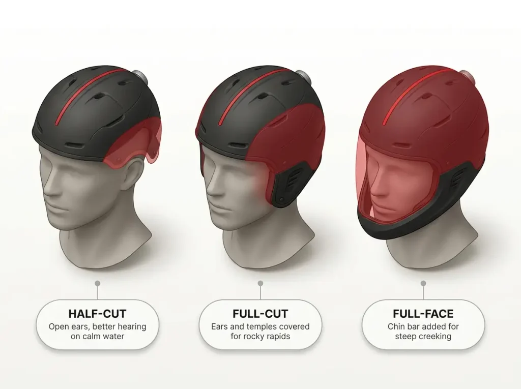 Diagram showing half-cut, full-cut, and full-face whitewater helmet coverage with shaded protection zones and use captions