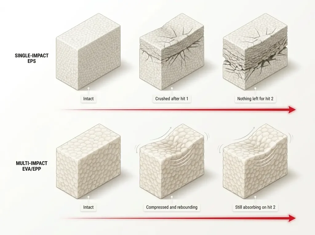 Two-row cutaway diagram comparing single-impact EPS foam versus multi-impact EVA/EPP foam across two hits