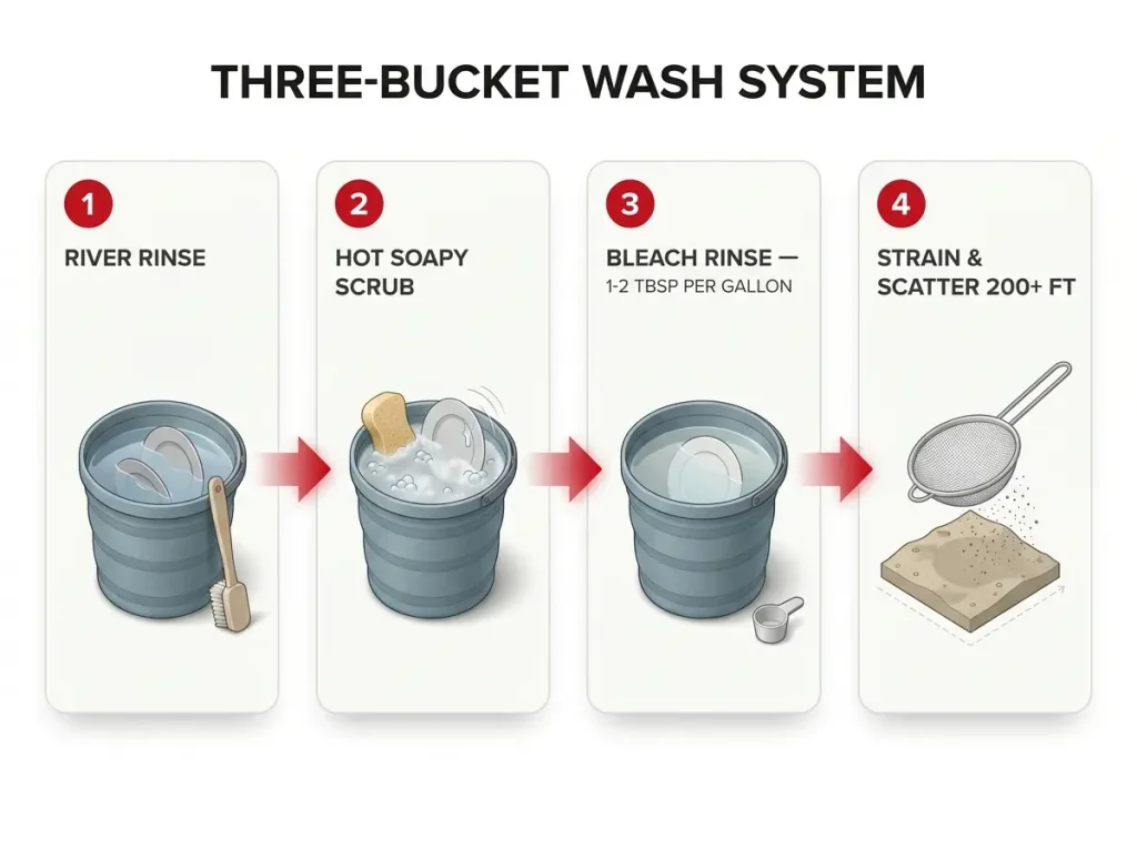 Step-by-step diagram of the three-bucket river dishwashing sequence ending with straining and scattering 200 feet out
