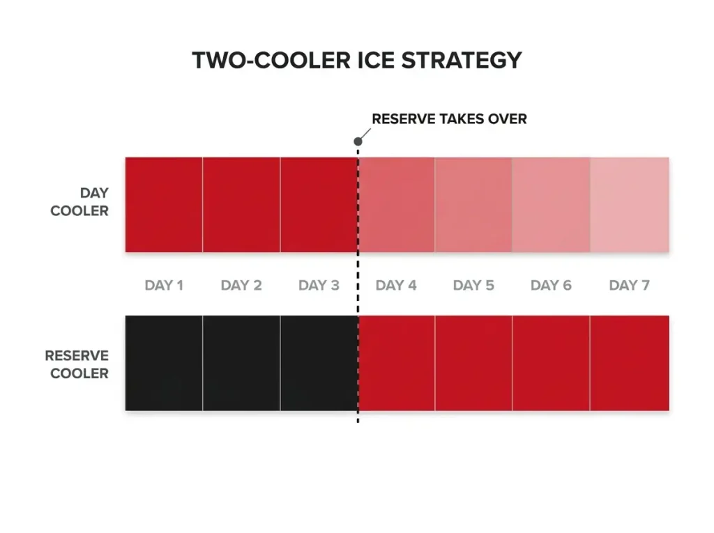 Seven-day timeline showing the day cooler emptying days 1-3 while the reserve cooler stays sealed until day 4