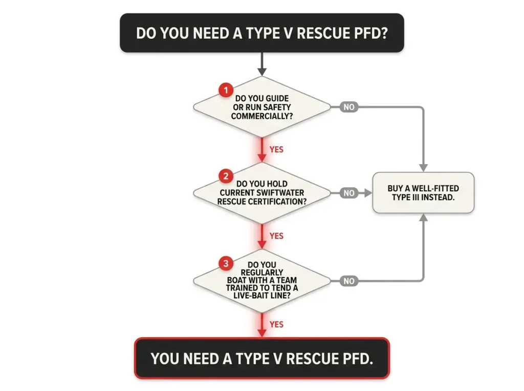 Flowchart showing three yes/no gates to determine if you need a Type V rescue PFD or a Type III instead